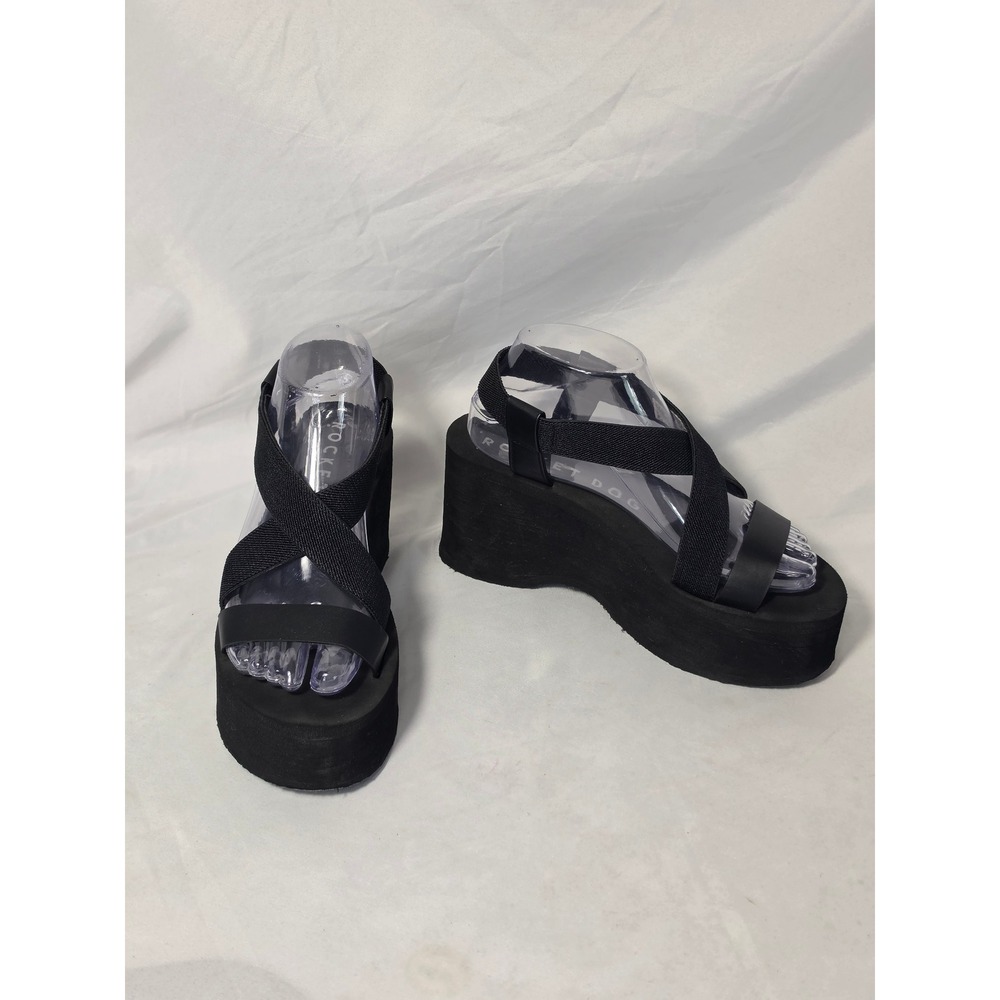 Rocket Dog Womens Black Platform Wedge Sandals 8 Y2K Chunky Elastic Cross Strap